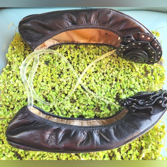 VALENTINO Black Luxe Leather Ornate Silver Studs Rosette Toes Ballet Flats Shoes - Picture 7 of 15